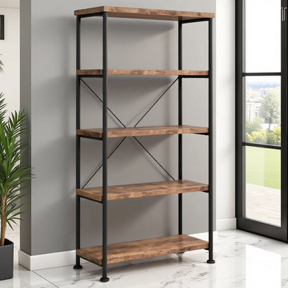4-Shelf Wooden Bookcase in Antique Nutmeg with Industrial Design