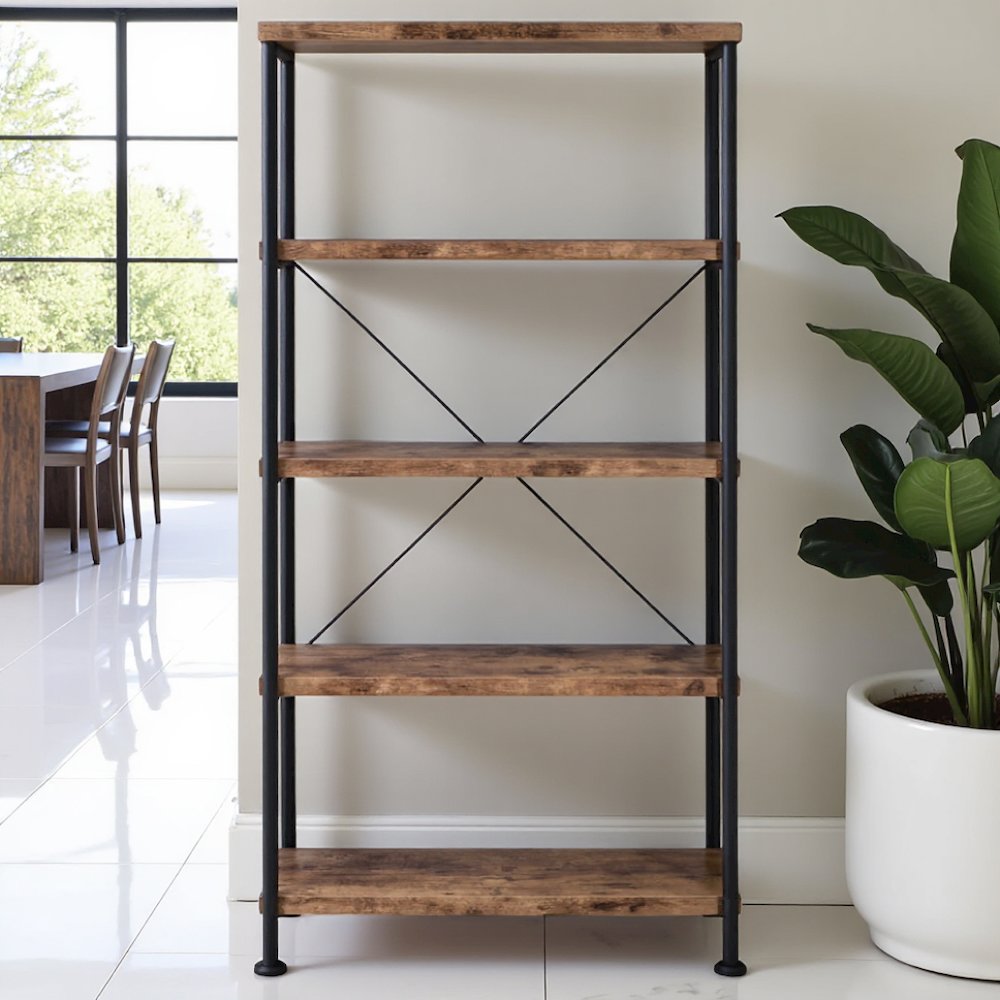 4-Shelf Wooden Bookcase in Antique Nutmeg with Industrial Design