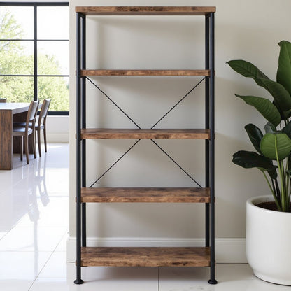 4-Shelf Wooden Bookcase in Antique Nutmeg with Industrial Design