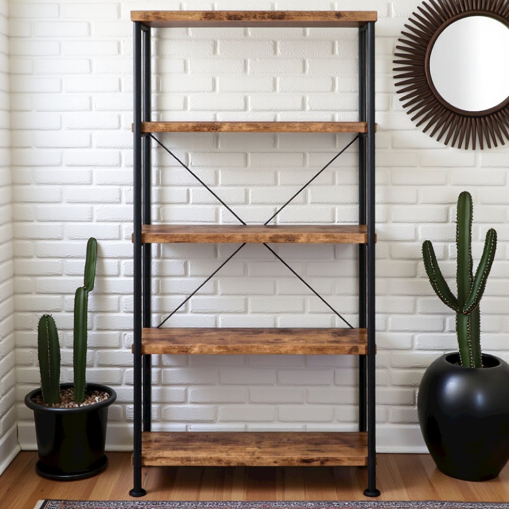 4-Shelf Wooden Bookcase in Antique Nutmeg with Industrial Design
