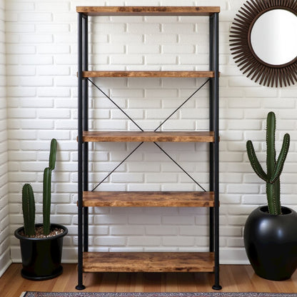 4-Shelf Wooden Bookcase in Antique Nutmeg with Industrial Design