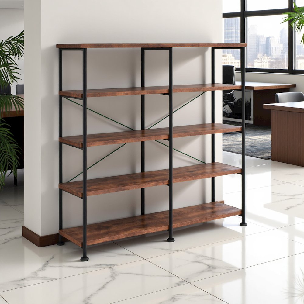 4-Shelf Open Bookcase in Antique Nutmeg Wood with Industrial Style