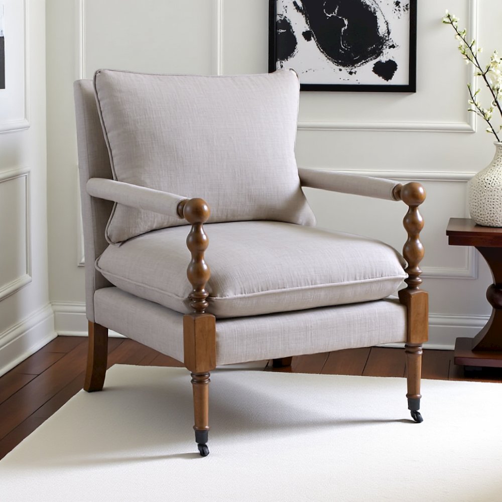 Beige Upholstered Accent Chair with Casters, Armchair for Living Room