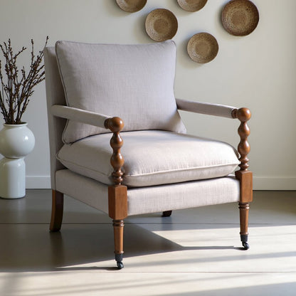 Beige Upholstered Accent Chair with Casters, Armchair for Living Room