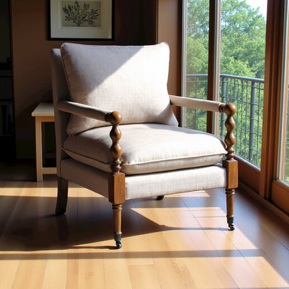 Beige Upholstered Accent Chair with Casters, Armchair for Living Room