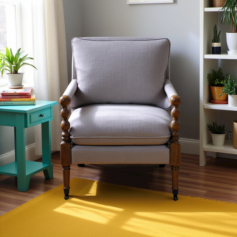 Beige Upholstered Accent Chair with Casters, Armchair for Living Room