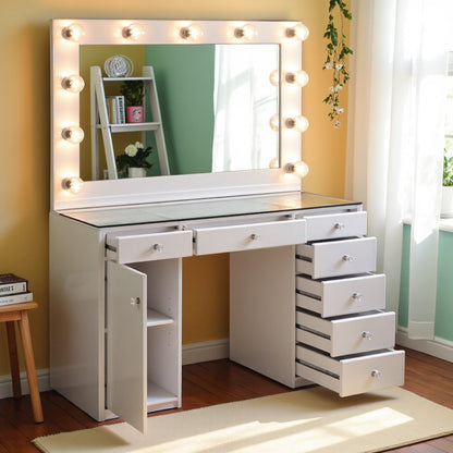 Vanity Desk with Mirror and Lights, 7-Drawer Glass Top Makeup Vanity