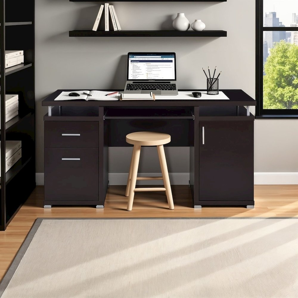 Spacious 55-Inch Office Desk with Drawers – Brown Computer Work Desk