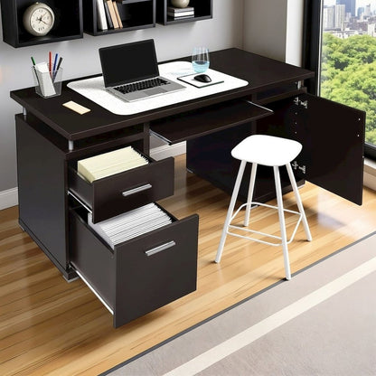 Spacious 55-Inch Office Desk with Drawers – Brown Computer Work Desk