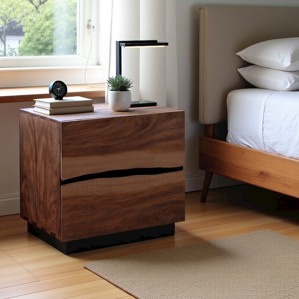 Farmhouse Walnut Nightstand – Dark Wood Nightstand with Two Drawers