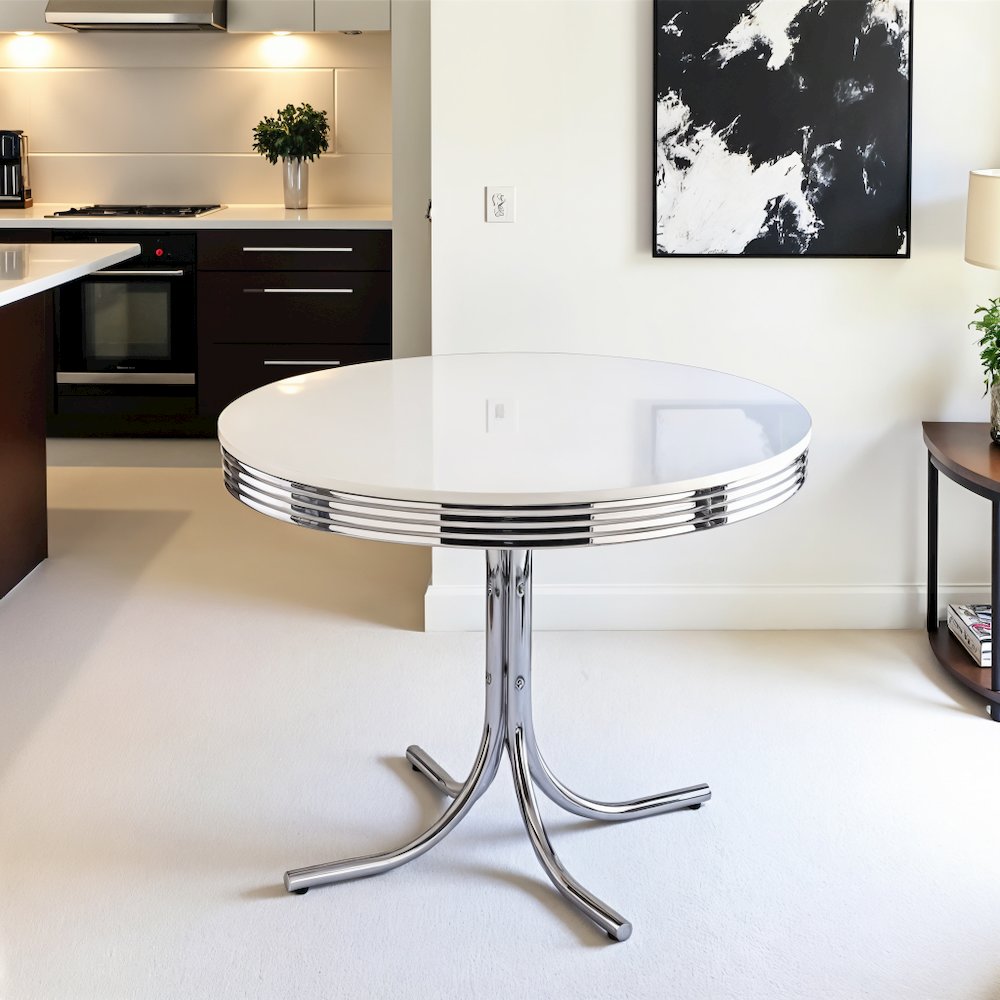 42-inch Round Dining Table with White MDF Top and Chrome Metal Base