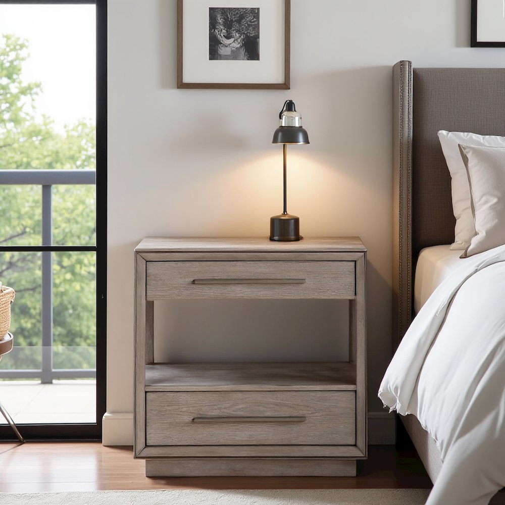 2-Drawer Nightstand in Washed Oak, Wood Nightstand with Storage Drawers