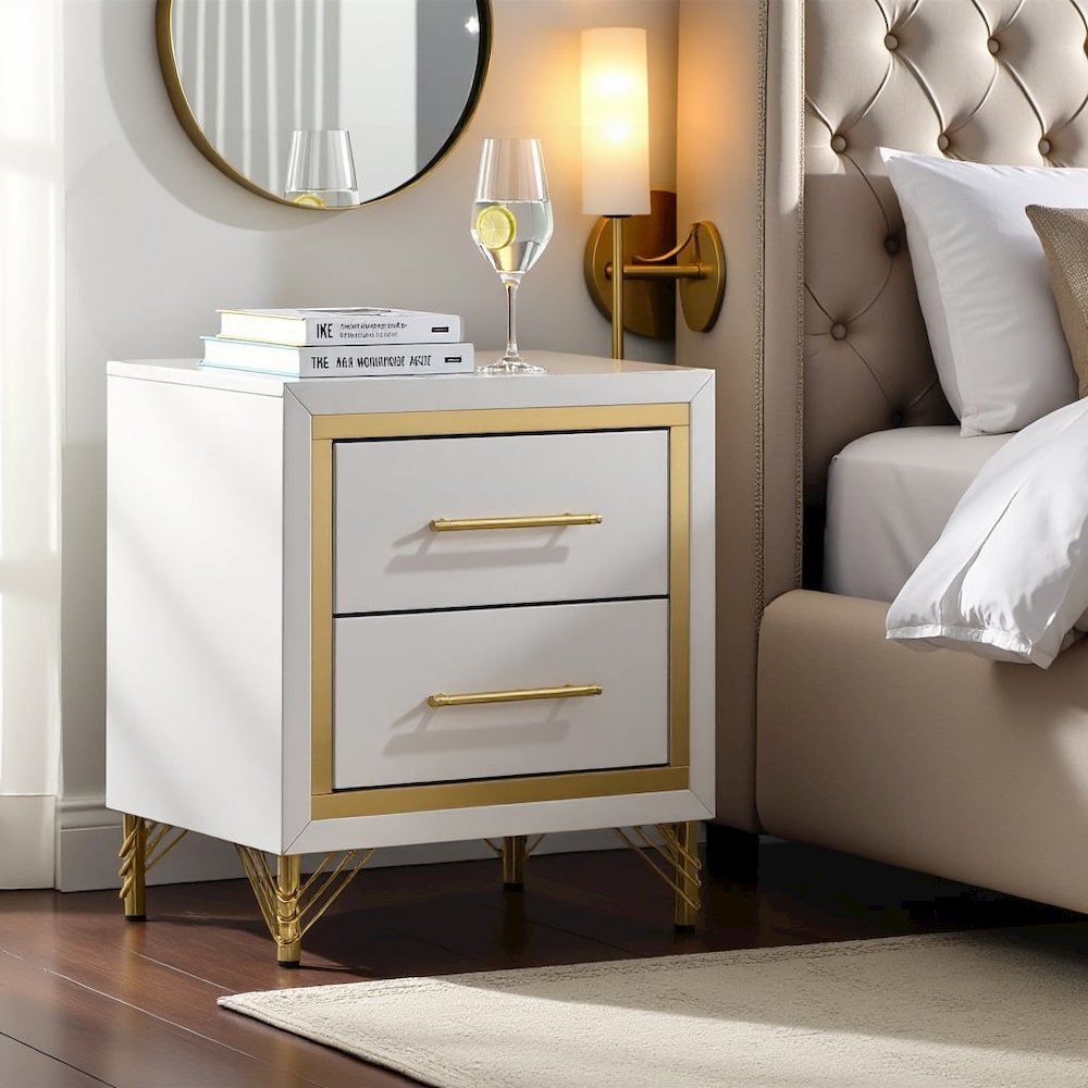 White and Gold Nightstand – Elegant 2 Drawer Nightstand for Bedroom