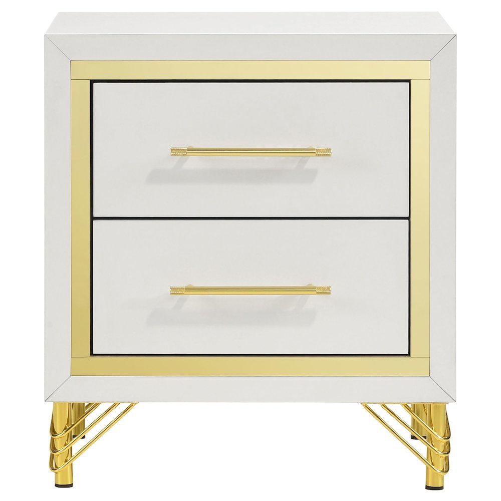 White and Gold Nightstand – Elegant 2 Drawer Nightstand for Bedroom