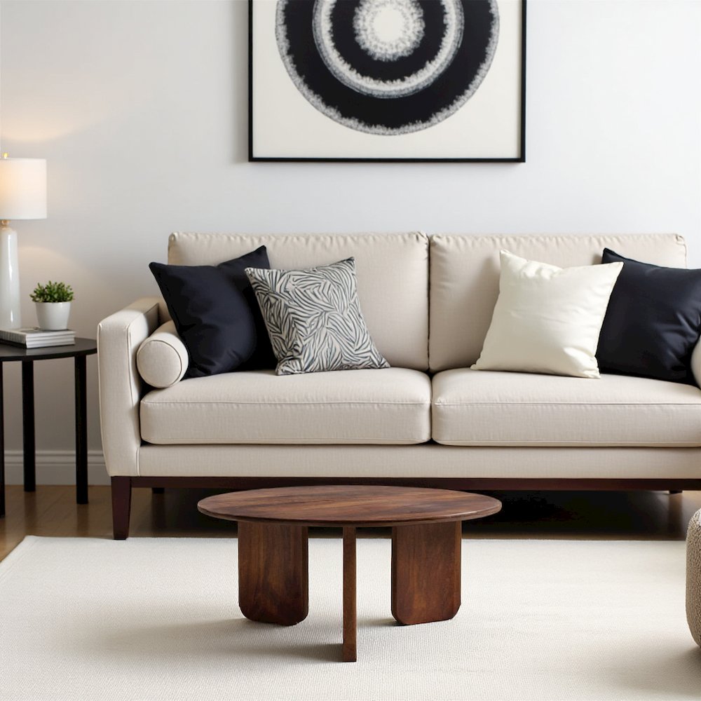 Round Solid Mango Wood Coffee Table Brown, Oval Design for Living Room