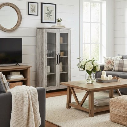 Modern 2-Door Tall Cabinet, Grey Driftwood, Glass Doors, Storage