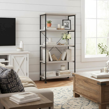 Industrial 4-Shelf Bookshelf 63-Inch, Grey Driftwood, Black Metal Frame