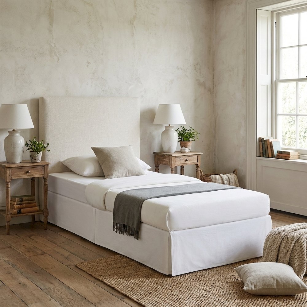 Ivory Upholstered Twin Panel Headboard, Polyester Fabric, Transitional Design