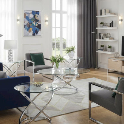Sculptural 3-Piece Oval Coffee Table Set, Glass Top, Chrome