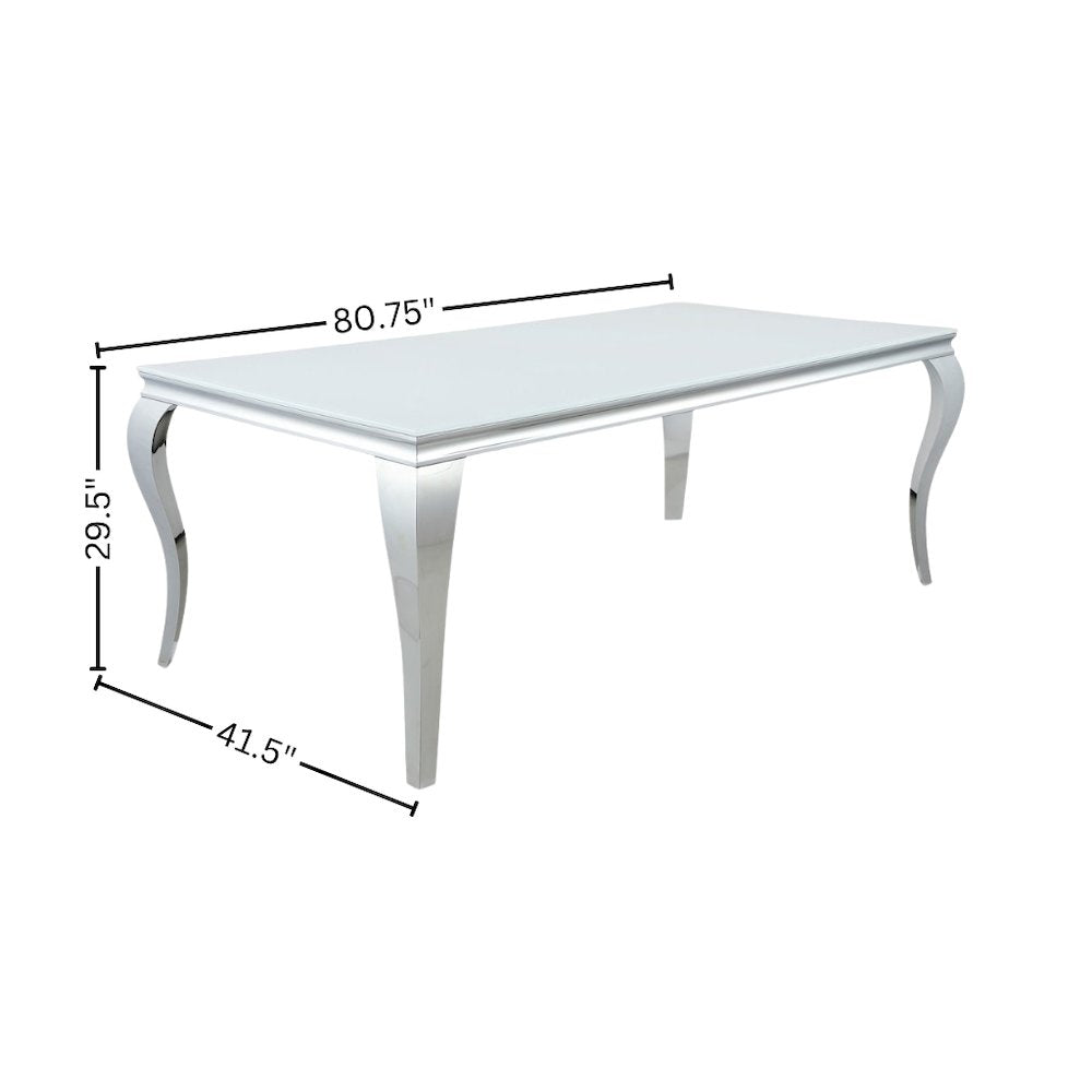 Rectangular Dining Table, White Glass Top, Chrome Metal Legs, Luxurious