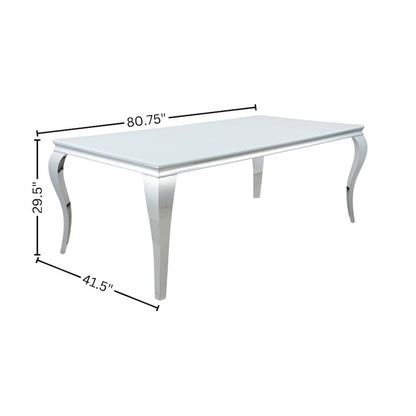 Rectangular Dining Table, White Glass Top, Chrome Metal Legs, Luxurious