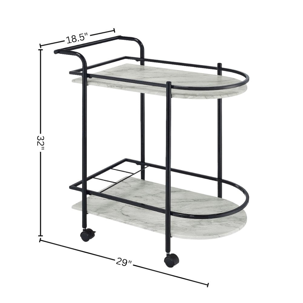 2-Tier Faux Marble Shelf Metal Bar Cart in Black with Rolling Wheels and Handle