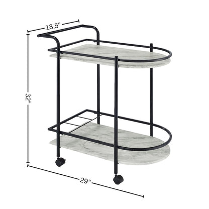 2-Tier Faux Marble Shelf Metal Bar Cart in Black with Rolling Wheels and Handle