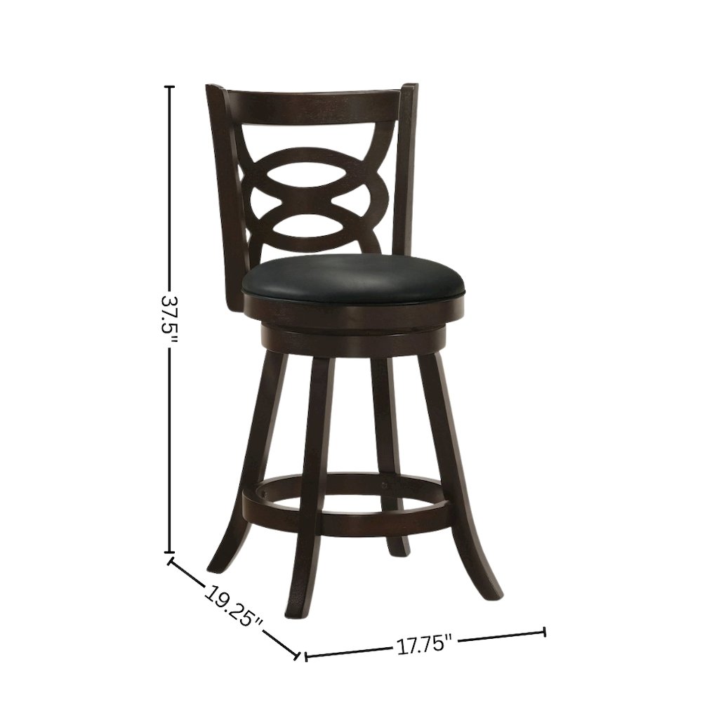 Swivel Counter Stool, Set of 2, Black Leatherette, Dark Merlot Finish