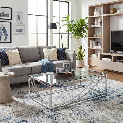 Elegant Rectangular Coffee Table, Chrome Accents, Smooth Glass Top