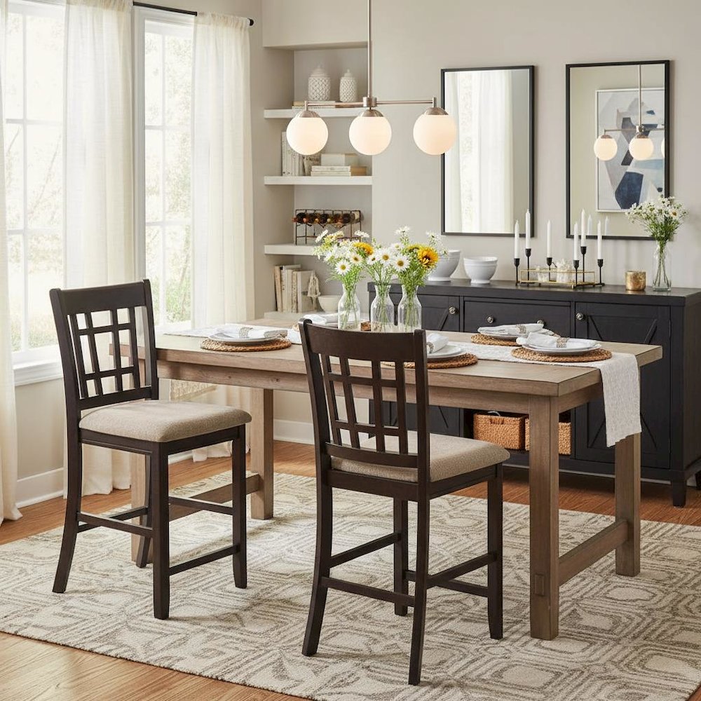 Brown Wood Counter Stool Set of 2 with Lattice Back Design and Upholstered Seats