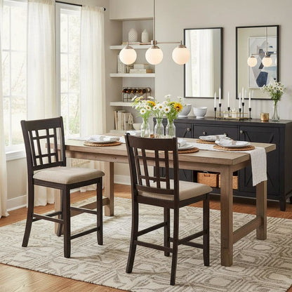 Brown Wood Counter Stool Set of 2 with Lattice Back Design and Upholstered Seats