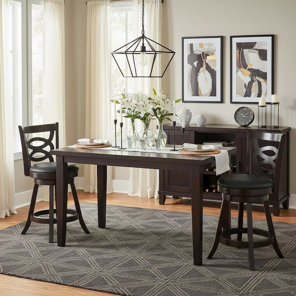 Swivel Counter Stool, Set of 2, Black Leatherette, Dark Merlot Finish