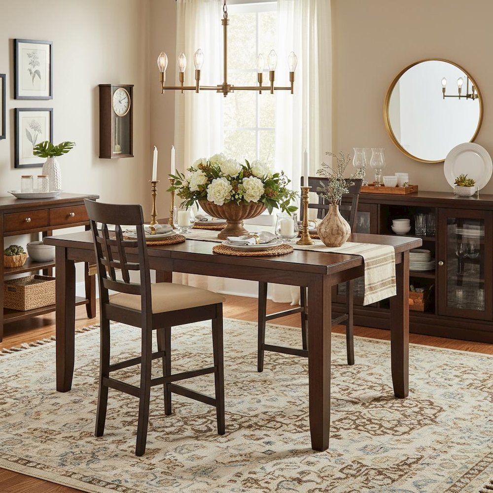 Wood Counter Stools Set of 2, Lattice Back Dining Chairs, Chestnut Finish