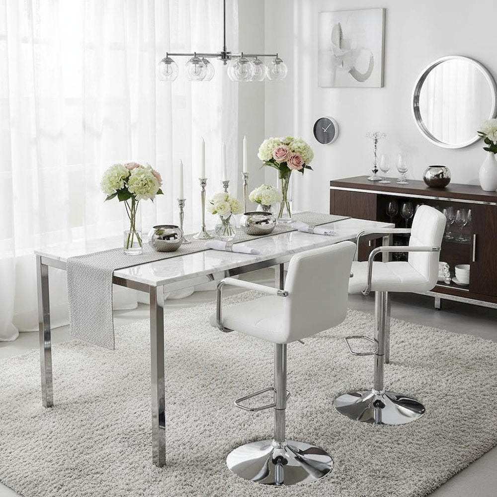Adjustable Bar Stool, White Faux Leather, Chrome Base, Hydraulic Gas Lift