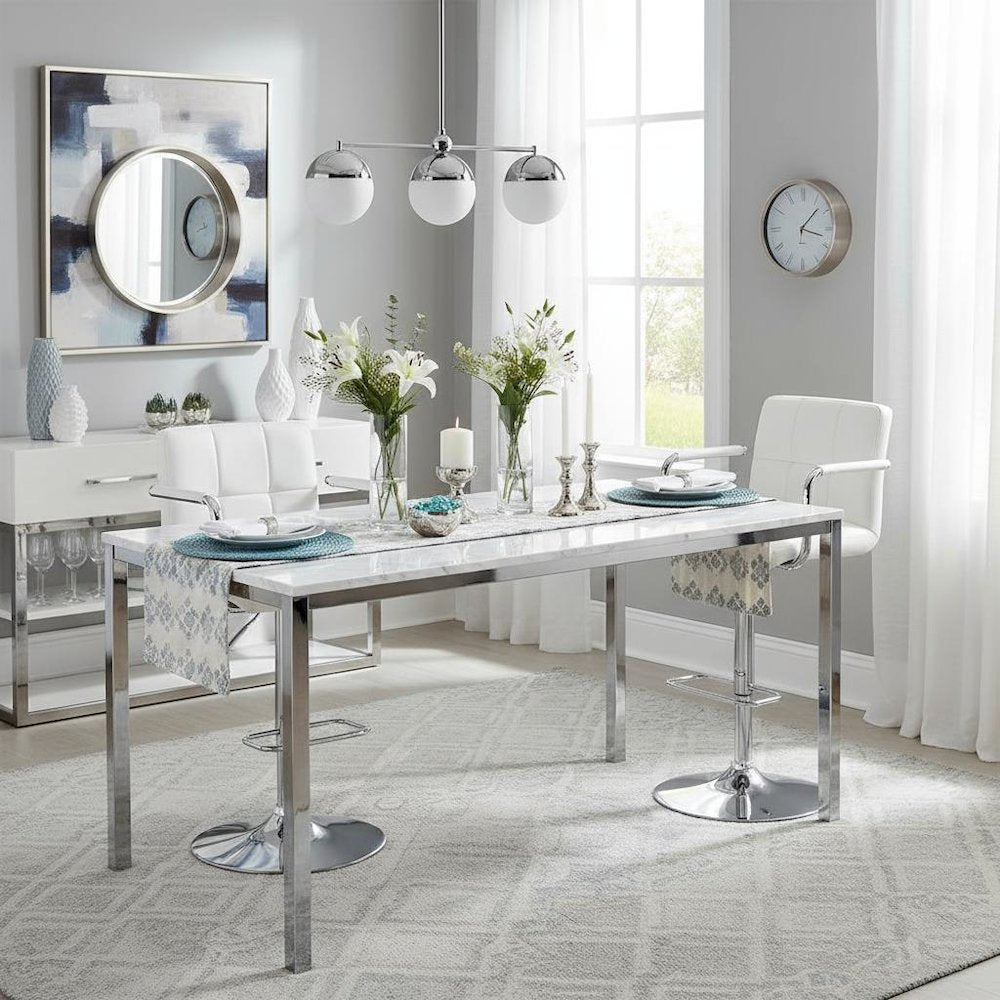Adjustable Bar Stool, White Faux Leather, Chrome Base, Hydraulic Gas Lift
