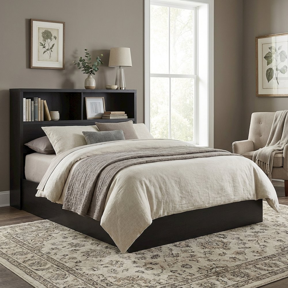 Black Full Headboard with Built-In Bookcase and Plastic Glide for Full Bed