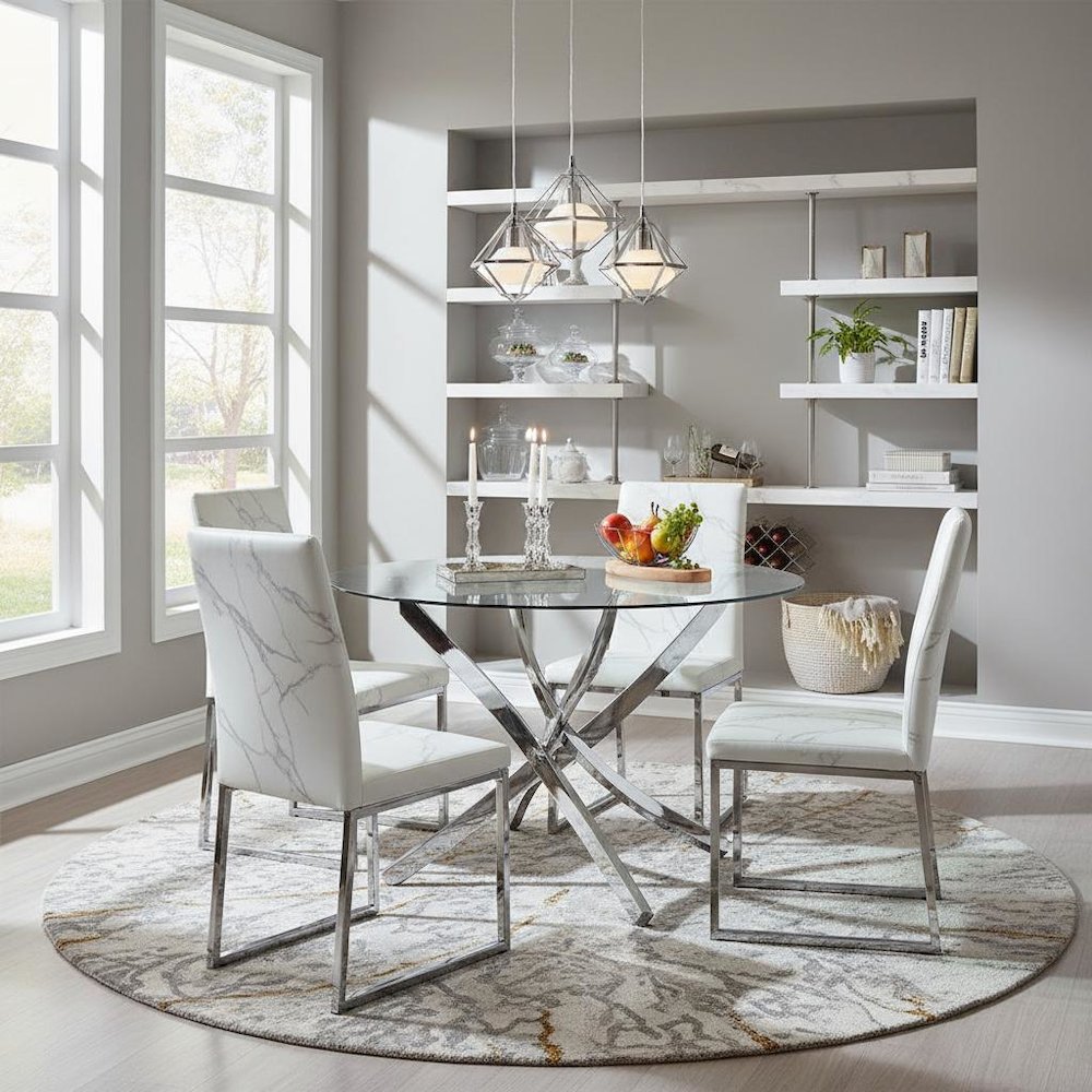 Round 46-Inch Glass Top Dining Table with Chrome Metal Base Silver