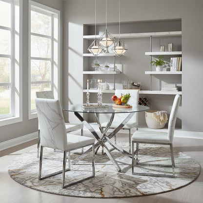 Round 46-Inch Glass Top Dining Table with Chrome Metal Base Silver
