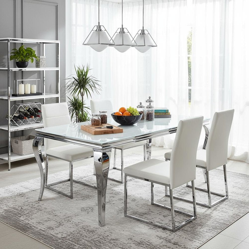Rectangular Dining Table, White Glass Top, Chrome Metal Legs, Luxurious