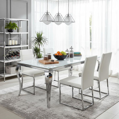 Rectangular Dining Table, White Glass Top, Chrome Metal Legs, Luxurious