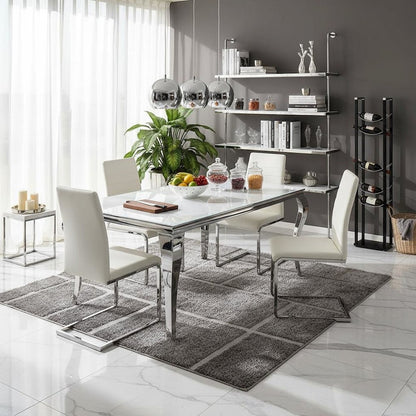 Rectangular Dining Table, White Glass Top, Chrome Metal Legs, Luxurious