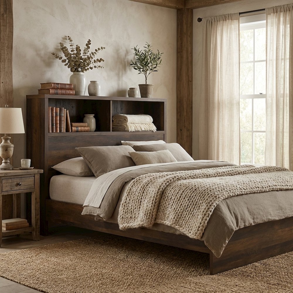 Dark Pine Full Headboard with Bookcase Storage and Adjustable Levelers