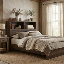 Dark Pine Full Headboard with Bookcase Storage and Adjustable Levelers