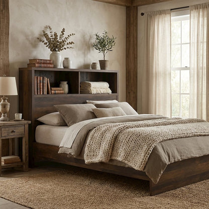Dark Pine Full Headboard with Bookcase Storage and Adjustable Levelers