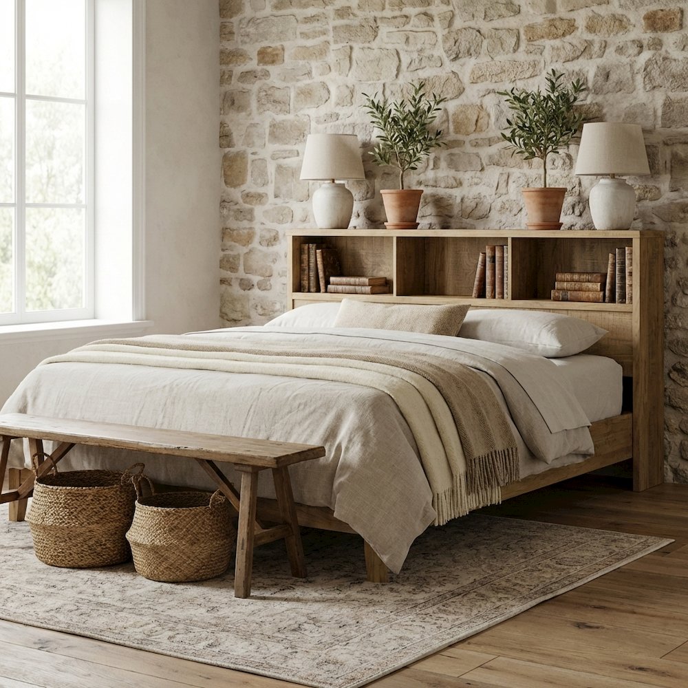 Twin Headboard with Mango Finish and Bookcase Storage Contemporary Design