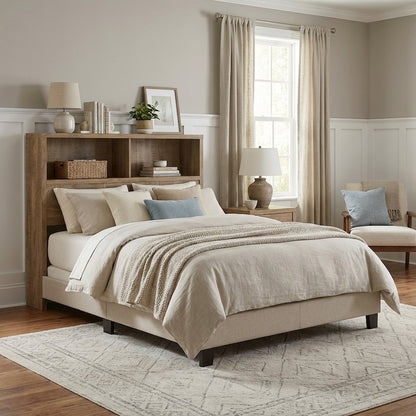 Twin Headboard with Mango Finish and Bookcase Storage Contemporary Design