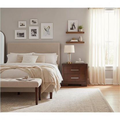 2-Drawer Cappuccino Nightstand - Sleek Metal Pulls and Compact Bedroom Storage