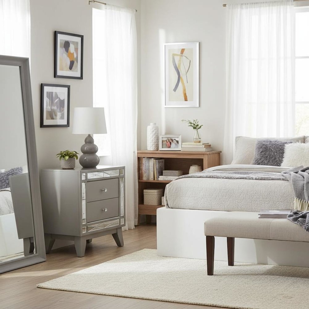 Gray Nightstand with Two Storage Drawers, Wood Bedroom Furniture, Modern Accent