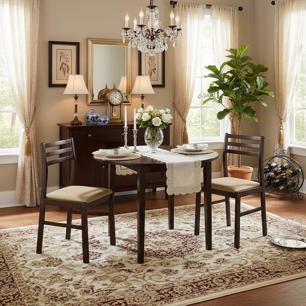 Brown Round Drop Leaf Table and Chairs for Dining Room, Set for 2