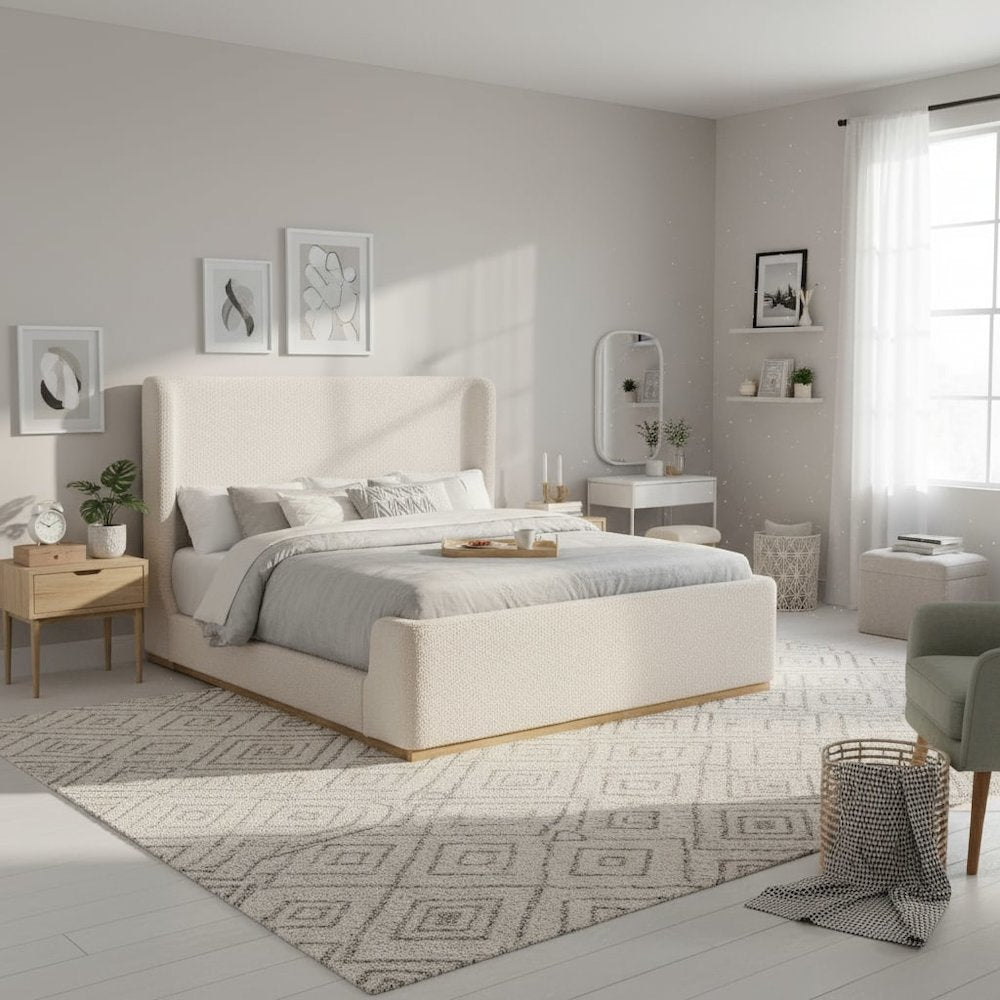 Beige King Bed - Upholstered Bed Frame with Sleigh Design